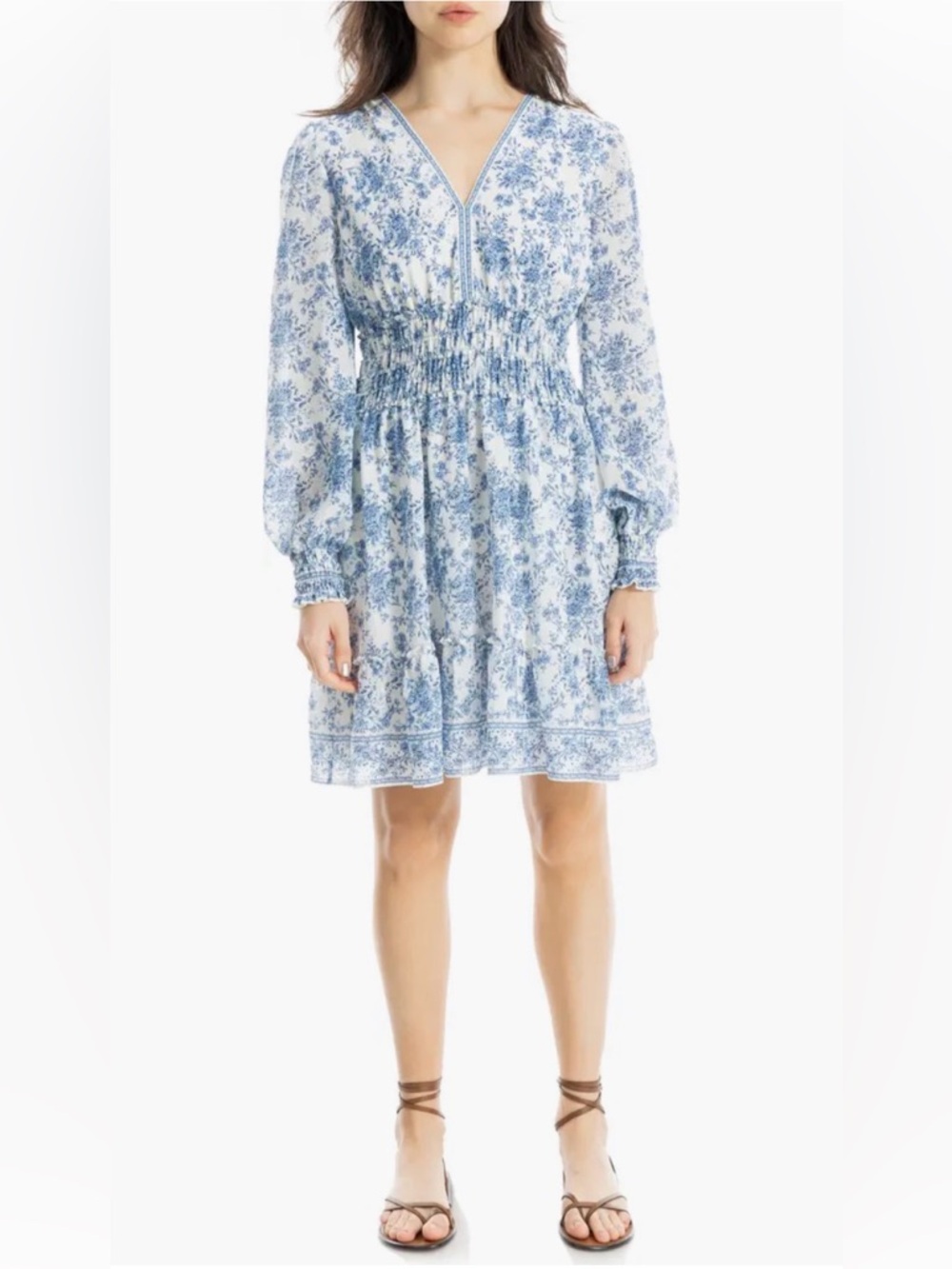 Max studio women’s long sleeve chiffon dress cream and denim size large GUC